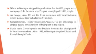  When Volkswagen stopped its production that is 4000,people were
unemployed. In the same way Peugeot unemployed 11000 people.
 As Europe, Asia, US did the fresh investment into local factories
which increase their vehicles by 2.4 million.
 General motors, Toyata,Volkswagen,Peugeot, Fiat etc. announced to
employ people for expansion of their plant in the region.
 Skoda in the Czech republic and Dacia in Romania has championed
in local auto markets. After 1989,Volkswagen acquired Skoda and
Renault bought Dacia.
 