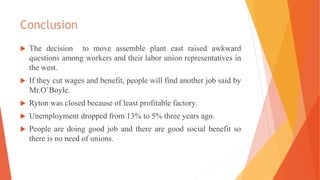 Conclusion
 The decision to move assemble plant east raised awkward
questions among workers and their labor union representatives in
the west.
 If they cut wages and benefit, people will find another job said by
Mr.O’Boyle.
 Ryton was closed because of least profitable factory.
 Unemployment dropped from 13% to 5% three years ago.
 People are doing good job and there are good social benefit so
there is no need of unions.
 