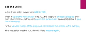 Second Stroke
In this stroke piston moves from BDC to TDC.
When it covers the transfer port in fig. C. , the supply of charge is stopped and
then when it moves further up it covers the exhaust port completely in fig. D stop
the scavenging.
Further upward motion of the piston will compressed the charge in the cylinder.
After the piston reaches TDC the first stroke repeats again.
 