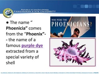 ● The name “
Phoenicia” comes
from the “Phoenix”-
- the name of a
famous purple dye
extracted from a
special variety of
shell
 