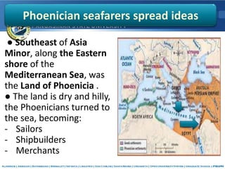 ● Southeast of Asia
Minor, along the Eastern
shore of the
Mediterranean Sea, was
the Land of Phoenicia .
● The land is dry and hilly,
the Phoenicians turned to
the sea, becoming:
- Sailors
- Shipbuilders
- Merchants
Phoenician seafarers spread ideas
 