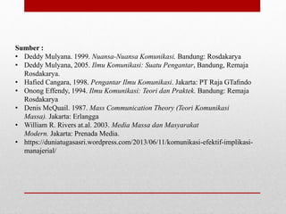 Sumber :
• Deddy Mulyana. 1999. Nuansa-Nuansa Komunikasi. Bandung: Rosdakarya
• Deddy Mulyana, 2005. Ilmu Komunikasi: Suatu Pengantar, Bandung, Remaja
Rosdakarya.
• Hafied Cangara, 1998. Pengantar Ilmu Komunikasi. Jakarta: PT Raja GTaﬁndo
• Onong Effendy, 1994. Ilmu Komunikasi: Teori dan Praktek. Bandung: Remaja
Rosdakarya
• Denis McQuail. 1987. Mass Communication Theory (Teori Komunikasi
Massa). Jakarta: Erlangga
• William R. Rivers at.al. 2003. Media Massa dan Masyarakat
Modern. Jakarta: Prenada Media.
• https://duniatugasasri.wordpress.com/2013/06/11/komunikasi-efektif-implikasi-
manajerial/
 
