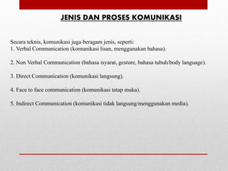 JENIS DAN PROSES KOMUNIKASI
Secara teknis, komunikasi juga beragam jenis, seperti:
1. Verbal Communication (komunikasi lisan, menggunakan bahasa).
2. Non Verbal Communication (bahasa isyarat, gesture, bahasa tubuh/body language).
3. Direct Communication (komunikasi langsung).
4. Face to face communication (komunikasi tatap muka).
5. Indirect Communication (komunikasi tidak langsung/menggunakan media).
 