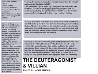 Name: Elise Johnson
Age: 39
Gender: Female
Nationality: American
Occupation: Social Worker
Height: 5’6
Physical Appearance: Black
hair, brown eyes, pale skin
and tall.
Clothing: Contemporary, modern costume to reinstate the current
setting of the film being in 2013.
Elise wears black jeans and a top throughout the flashbacks. The
flashbacks show the family happy together enjoying time with one
another, contradicting the following flashbacks that show the horrific
memories of what happened. So hence wears ordinary clothing.
Make up: Elise wears some make up in order to feel better about herself.
The little make up she does wear includes: foundation, mascara and eye
shadow. She cares about the way she looks because she wants others to
see her as a strong, independent woman who has been able to deal with
what has happened instead of the widowed woman she is inside who is
slowly deteriorating through this struggle.
Personality: Elise is a well-rounded, polite and helpful woman who cares
very much for others. Hence is as to why she adores her job – social
worker. Elise spends her spare time reading and doing the typical
conventional things a housewife does. A lot of her time is taken up by
the work she does in supporting and caring for other people, meaning a
lot of the time her oldest daughter, Cindy, is left in charge. She is a
loving and very genuine woman who is popular within the community.
History: At the age of 4,
Elise lost her dad and was
left alone with just her
mother. She grew up
without a father figure and
promised to herself that the
day she has her own family
she will not allow for her
children to grow up
without either parent.
Married to her husband for
12 years, they had 3
children; Cindy, Nancy and
Brad. With no warning or
notice her husband, Peter
Johnson, left one night and
disappeared leaving his
family heartbroken. Elise
has a hunch that her
husband has left for a
reason to join a cult but
refuses to have her children
know. With this she tries to
pull herself together and
get on with her life, looking
after her kids.
THE DEUTERAGONIST
& VILLIAN
PLAYED BY: JACKIE PENDER
 