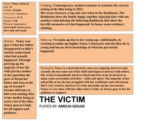 Name: Nancy Johnson
Age: 11
Gender: Female
Nationality: American
Occupation: N/A
Height: 4’10
Physical Appearance:
brown hair, brown eyes,
olive skin and small.
Clothing: Contemporary, modern costume to reinstate the current
setting of the film being in 2013.
She wears trousers, a top and coat when in the flashbacks. The
flashbacks show the family happy together enjoying time with one
another, contradicting the following flashbacks that show the
horrific memories of what happened. So hence wears ordinary
clothing.
Make up: No make-up due to her young age. Additionally, by
wearing no make-up implies Nancy’s innocence and the idea she is
young and has no strict knowledge of what has previously
happened.
Personality Nancy is a loud character and very outgoing, however only
recently she has come out of her shell and began to interact with others.
She works tremendously hard at school and tries to be involved in as
many cross curriculum activities – clubs and sport. The majority of her
school life so far she has struggled with her confidence and self-esteem.
She’s very creative and loves to write and make up her own stories.
Nancy is very close with her older sister, Cindy, as always goes to her for
guidance or support.
History: Nancy was
just 4 when her father
disappeared so didn’t
entirely understand
what had actually
happened. Through
growing up the
majority of her life
with just her mother
as her guardian she
grew to forget her
father and soon at the
age of around 9
became oblivious to
him even existing. Due
to her mother being at
work a lot of the time,
Nancy goes to Cindy
for all support and
guidance.
THE VICTIM
PLAYED BY: AMELIA GOULD
 