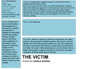 Name: Brad Johnson
Age: 6
Gender: Male
Nationality: American
Occupation: N/A
Height: 3’10
Physical Appearance:
brown hair, blue eyes, pale
skin and very small.
Clothing: Contemporary, modern costume to reinstate the current
setting of the film being in 2013.
Brad wears jeans and a top with a coat whilst in flashbacks. Modern,
up-to-date clothing to suggest he is well looked after and cared for by his
sisters and mother. The flashbacks show the family happy together
enjoying time with one another, contradicting the following flashbacks
that show the horrific memories of what happened. So hence wears
ordinary clothing.
Make up: No make-up.
Personality: Brad is a quiet boy and doesn’t talk much. He enjoys
going to school and plays football regularly. His room is where he
spends most of his time playing with his toys. He cares largely for
his sisters and mother and in being young he tries to protect them
as if older. He doesn’t fully understand as to why he doesn’t have a
father and regularly compares this idea to his friends, sometimes
wishing he had that father figure in his life.
History: Brad wasn’t
born when his father
had disappeared so
therefore he retained
no memories or
thoughts in association
with having a father.
Without a father
figure in his life he
relies completely on
his mother and in
being surrounded by
females he has
developed a very
sentimental, caring
side. Furthermore,
wanting to be able to
protect his sisters and
mother when he is old
enough.
THE VICTIM
PLAYED BY: CHARLIE DICKENS
 