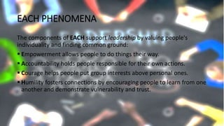 EACH PHENOMENA
The components of EACH support leadership by valuing people's
individuality and finding common ground:
 Empowerment allows people to do things their way.
 Accountability holds people responsible for their own actions.
 Courage helps people put group interests above personal ones.
 Humility fosters connections by encouraging people to learn from one
another and demonstrate vulnerability and trust.
 