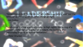 “Great leaders look "in the mirror" when things go wrong and "out the
window" applauding others when things go right.”
- Jim Collins
“Leadership is lifting a person’s vision to high sights, the raising of a
person’s performance to a higher standard, the building of a
personality beyond its normal limitations”.
—Peter Drucker
 