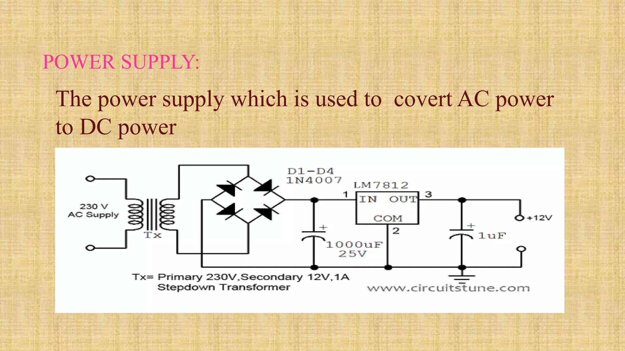 POWER SUPPLY:
The power supply which is used to covert AC power
to DC power
 