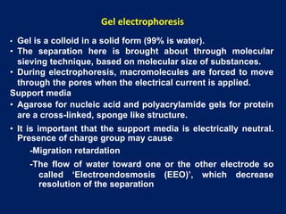• Gel is a colloid in a solid form (99% is water).
• The separation here is brought about through molecular
sieving technique, based on molecular size of substances.
• During electrophoresis, macromolecules are forced to move
through the pores when the electrical current is applied.
Support media
• Agarose for nucleic acid and polyacrylamide gels for protein
are a cross-linked, sponge like structure.
• It is important that the support media is electrically neutral.
Presence of charge group may cause:
-Migration retardation
-The flow of water toward one or the other electrode so
called ‘Electroendosmosis (EEO)’, which decrease
resolution of the separation
Gel electrophoresis
 