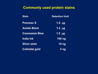 Stain Detection limit
Ponceau S 1-2 mg
Amido Black 1-2 mg
Coomassie Blue 1.5 mg
India Ink 100 ng
Silver stain 10 ng
Colloidal gold 3 ng
Commonly used protein stains
 