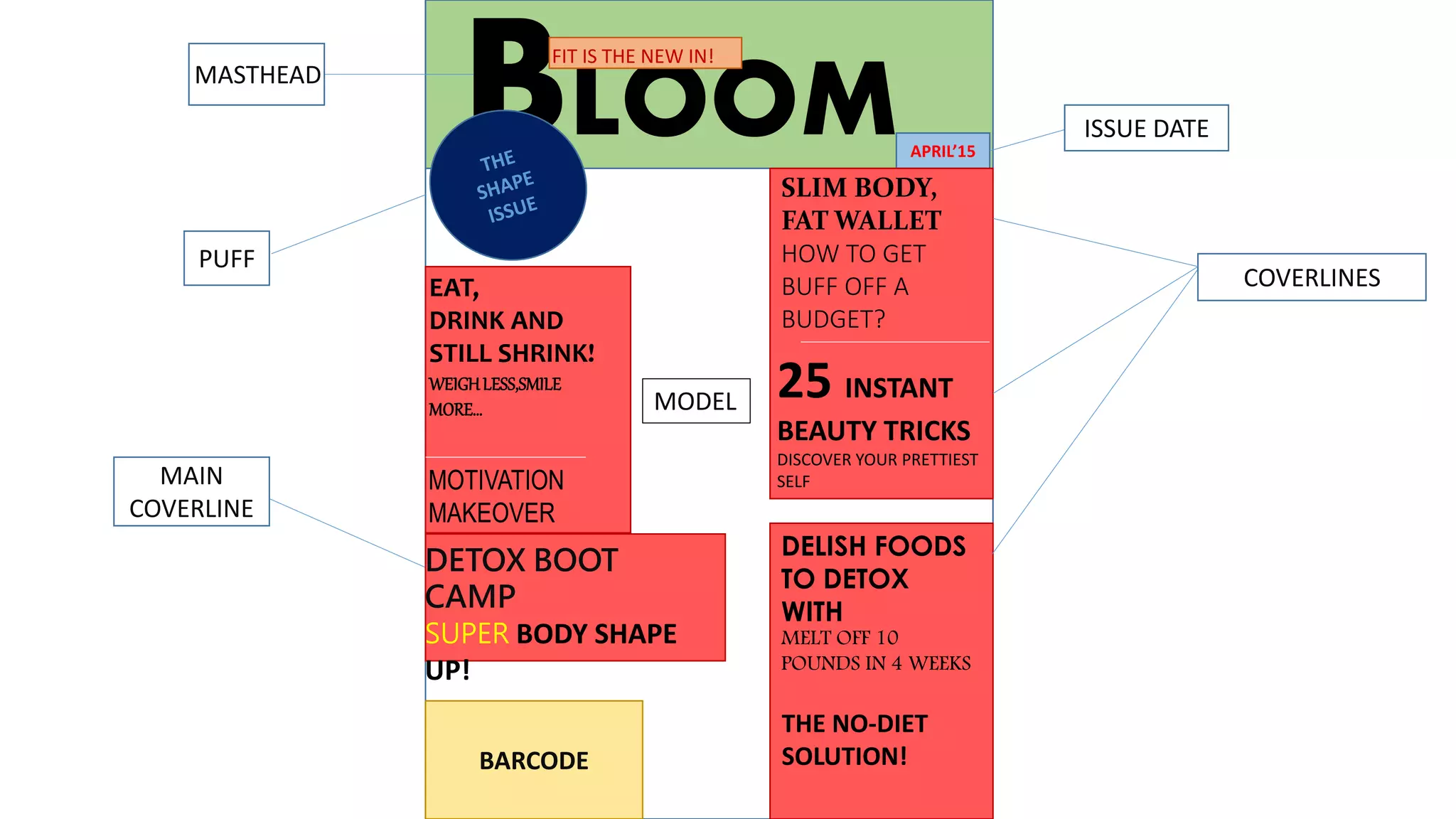 BLOOMAPRIL’15
FIT IS THE NEW IN!
DETOX BOOT
CAMP
SUPER BODY SHAPE
UP!
SLIM BODY,
FAT WALLET
HOW TO GET
BUFF OFF A
BUDGET?
DELISH FOODS
TO DETOX
WITH
MELT OFF 10
POUNDS IN 4 WEEKS
THE NO-DIET
SOLUTION!BARCODE
MODEL 25 INSTANT
BEAUTY TRICKS
DISCOVER YOUR PRETTIEST
SELF
EAT,
DRINK AND
STILL SHRINK!
WEIGHLESS,SMILE
MORE…
MOTIVATION
MAKEOVER
PUFF
MASTHEAD
MAIN
COVERLINE
COVERLINES
ISSUE DATE
