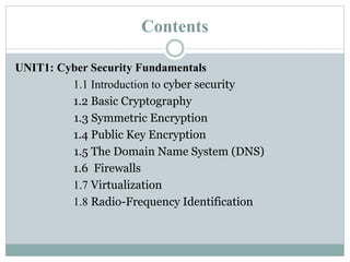 Contents
UNIT1: Cyber Security Fundamentals
1.1 Introduction to cyber security
1.2 Basic Cryptography
1.3 Symmetric Encryption
1.4 Public Key Encryption
1.5 The Domain Name System (DNS)
1.6 Firewalls
1.7 Virtualization
1.8 Radio-Frequency Identification
 