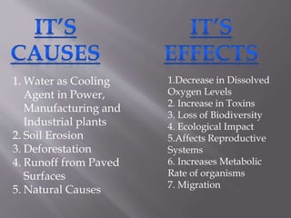 1. Water as Cooling
Agent in Power,
Manufacturing and
Industrial plants
2. Soil Erosion
3. Deforestation
4. Runoff from Paved
Surfaces
5. Natural Causes
1.Decrease in Dissolved
Oxygen Levels
2. Increase in Toxins
3. Loss of Biodiversity
4. Ecological Impact
5.Affects Reproductive
Systems
6. Increases Metabolic
Rate of organisms
7. Migration
 