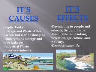 •Septic Tanks
•Sewage and Waste Water
•Ocean and marine dumping
•Underground storage and
tube leakages
•Industrial Waste
•Livestock animals
•Devastating to people and
animals, fish, and birds.
•Unsuitable for drinking,
recreation, agriculture, and
industry.
•Destroys water life.
 