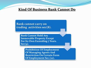 BANKING POLICY
1.“Banking Policy” Means Policy Spreaded By RBI From Time To
Time
2.Banking System
3.Minority Stability
4.Sound Economic Growth
5.Interest Of Depositors
6.Volume Of Deposit And Other Resources Of Bank
7.Efficient Use Of Deposits And Resources Sec 5(CA)
 