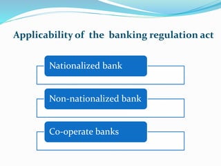 Kind Of Business Bank Cannot Do
Bank cannot carry on
trading activities sec(8).
Bank Cannot Hold Any
Immovable Property Except
For Its Own Exceeding 7 Years.
Sec(9).
Prohibition Of Employment
Of Managing Agents And
Restriction On Certain Form
Of Employment Sec.(10).
 