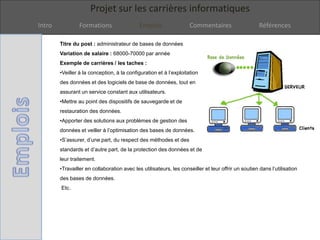 Projet sur les carrières informatiques
Intro Formations Emplois Commentaires Références
Titre du post : administrateur de bases de données
Variation de salaire : 68000-70000 par année
Exemple de carrières / les taches :
•Veiller à la conception, à la configuration et à l’exploitation
des données et des logiciels de base de données, tout en
assurant un service constant aux utilisateurs.
•Mettre au point des dispositifs de sauvegarde et de
restauration des données.
•Apporter des solutions aux problèmes de gestion des
données et veiller à l’optimisation des bases de données.
•S’assurer, d’une part, du respect des méthodes et des
standards et d’autre part, de la protection des données et de
leur traitement.
•Travailler en collaboration avec les utilisateurs, les conseiller et leur offrir un soutien dans l’utilisation
des bases de données.
Etc.
 