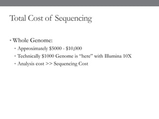 Total Cost of Sequencing
• Whole Genome:
• Approximately $5000 - $10,000
• Technically $1000 Genome is “here” with Illumina 10X
• Analysis cost >> Sequencing Cost
 