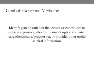 Goal of Genomic Medicine
Identify genetic variation that causes or contributes to
disease (diagnostic), informs treatment options or patient
care (therapeutic/prognostic), or provides other useful
clinical information
 