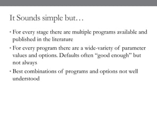 It Sounds simple but…
• For every stage there are multiple programs available and
published in the literature
• For every program there are a wide-variety of parameter
values and options. Defaults often “good enough” but
not always
• Best combinations of programs and options not well
understood
 