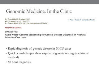 Genomic Medicine: In the Clinic
• Rapid diagnosis of genetic disease in NICU cases
• Quicker and cheaper than sequential genetic testing (traditional
method)
• 50 hour diagnosis
 
