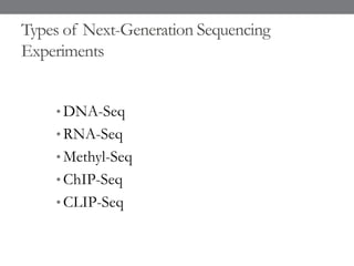Types of Next-Generation Sequencing
Experiments
• DNA-Seq
• RNA-Seq
• Methyl-Seq
• ChIP-Seq
• CLIP-Seq
 