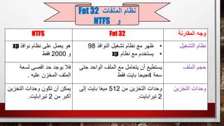 ‫وجه‬‫المقارنة‬Fat 32NTFS
‫التشغيل‬ ‫نظام‬•‫النوافذ‬ ‫تشغيل‬ ‫نظام‬ ‫مع‬ ‫ظهر‬98
•‫نظام‬ ‫مع‬ ‫يستخدم‬xp
‫نوافذ‬ ‫نظام‬ ‫على‬ ‫يعمل‬ ‫هو‬xp
‫و‬2000‫فقط‬
‫الملف‬ ‫حجم‬‫ح‬ ‫الواحد‬ ‫الملف‬ ‫مع‬ ‫يتعامل‬ ‫أن‬ ‫يستطيع‬‫تى‬
‫سعة‬4‫فقط‬ ‫بايت‬ ‫جيجا‬
‫لسعة‬ ‫اقصى‬ ‫حد‬ ‫يوجد‬ ‫فال‬
‫عليه‬ ‫المخزن‬ ‫الملف‬.
‫التخزين‬ ‫وحدات‬‫من‬ ‫التخزين‬ ‫وحدات‬512‫إلى‬ ‫بايت‬ ‫ميغا‬
2‫تيرابايت‬.
‫ي‬‫التخزي‬ ‫وحدات‬ ‫تكون‬ ‫أن‬ ‫مكن‬‫ن‬
‫من‬ ‫أكبر‬2‫تيرابايت‬.
‫الملفات‬ ‫نظام‬Fat 32
‫و‬NTFS
 