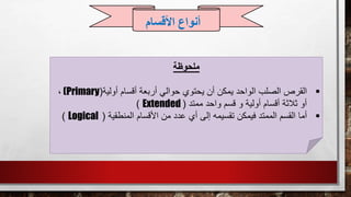 ‫ملحوظة‬
‫القرص‬‫أقسام‬ ‫أربعة‬ ‫حوالي‬ ‫يحتوي‬ ‫أن‬ ‫يمكن‬ ‫الواحد‬ ‫الصلب‬‫أولية‬((Primary،
‫ممتد‬ ‫واحد‬ ‫قسم‬ ‫و‬ ‫أولية‬ ‫أقسام‬ ‫ثالثة‬ ‫أو‬(Extended)
‫أما‬‫المنطقية‬ ‫األقسام‬ ‫من‬ ‫عدد‬ ‫أي‬ ‫إلى‬ ‫تقسيمه‬ ‫فيمكن‬ ‫الممتد‬ ‫القسم‬(Logical)
‫األقسام‬ ‫أنواع‬
 