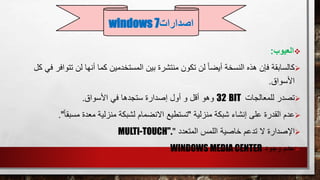 ‫العيوب‬:
‫كالسابقة‬‫ت‬ ‫لن‬ ‫أنها‬ ‫كما‬ ‫المستخدمين‬ ‫بين‬ ‫منتشرة‬ ‫تكون‬ ‫لن‬ ً‫ا‬‫أيض‬ ‫النسخة‬ ‫هذه‬ ‫فإن‬‫توا‬‫كل‬ ‫في‬ ‫فر‬
‫األسواق‬.
‫تصدر‬‫للمعالجات‬BIT32‫األسواق‬ ‫في‬ ‫ستجدها‬ ‫إصدارة‬ ‫أول‬ ‫و‬ ‫أقل‬ ‫وهو‬.
‫عدم‬‫منزلية‬ ‫شبكة‬ ‫إنشاء‬ ‫على‬ ‫القدرة‬"ً‫ا‬‫مسبق‬ ‫معدة‬ ‫منزلية‬ ‫لشبكة‬ ‫االنضمام‬ ‫تستطيع‬".
‫اإلصدارة‬‫المتعدد‬ ‫اللمس‬ ‫خاصية‬ ‫تدعم‬ ‫ال‬"MULTI-TOUCH".
‫عدم‬‫وجود‬WINDOWS MEDIA CENTER
‫اصدارات‬windows 7
 