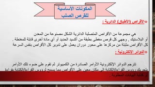 ‫األقراص‬(‫األطباق‬)‫الدائرية‬:
‫هي‬‫المعدن‬ ‫من‬ ‫مصنوعة‬ ‫الشكل‬ ‫الدائرية‬ ‫المتصلبة‬ ‫األقراص‬ ‫من‬ ‫مجموعة‬
‫البالستيك‬ ‫أو‬,‫للم‬ ‫قابلة‬ ‫أخرى‬ ‫مادة‬ ‫أي‬ ‫أو‬ ‫الحديد‬ ‫أكسيد‬ ‫من‬ ‫بطبقة‬ ‫مغطى‬ ‫قرص‬ ‫كل‬ ‫وجهي‬‫غنطة‬.
‫األق‬ ‫كل‬ ‫تدوير‬ ‫على‬ ‫يعمل‬ ‫دوران‬ ‫محور‬ ‫على‬ ‫مركزها‬ ‫من‬ ‫مثبتة‬ ‫األقراص‬ ‫كل‬‫بنفس‬ ‫راص‬‫السرعة‬
‫اإللكترونية‬ ‫الدوائر‬:
‫تترجم‬‫ضوء‬ ‫على‬ ‫تقوم‬ ‫ثم‬ ‫الكمبيوتر‬ ‫من‬ ‫الصادرة‬ ‫األوامر‬ ‫اإللكترونية‬ ‫الدوائر‬‫األ‬ ‫تلك‬‫وامر‬
‫القراءة‬ ‫رؤوس‬ ‫بتحريك‬/‫القراءة‬ ‫لرؤوس‬ ‫يسمح‬ ‫مما‬ ‫األقراص‬ ‫على‬ ‫معين‬ ‫مكان‬ ‫إلى‬ ‫الكتابة‬/‫الكتاب‬‫بقراءة‬ ‫ة‬
‫المطلوبة‬ ‫البيانات‬ ‫كتابة‬ ‫أو‬.
‫األساسية‬ ‫المكونات‬
‫ل‬‫الصلب‬ ‫لقرص‬
 