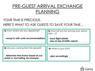 PRE-GUEST ARRIVAL EXCHANGE
PLANNING
YOUR TIME IS PRECIOUS.
HERE’S WHAT TO ASK GUESTS TO SAVE YOUR TIME…
Q: How will you be arriving (car, plane,
train…)?
√ track flight details
√ stay on top of traffic reports
Q: When is your ETA?
√ plan accordingly
Q: From where are you departing?
√ swoop in with route recommendations
Q: Are you coming from the airport?
√ determine time frame based on car
rental vs. taxi hailing, for example
 