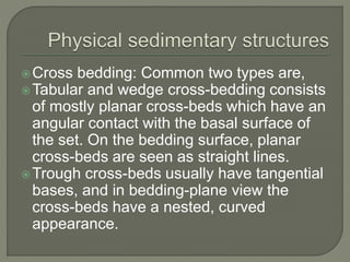 Cross bedding: Common two types are,
Tabular and wedge cross-bedding consists
of mostly planar cross-beds which have an
angular contact with the basal surface of
the set. On the bedding surface, planar
cross-beds are seen as straight lines.
Trough cross-beds usually have tangential
bases, and in bedding-plane view the
cross-beds have a nested, curved
appearance.
 