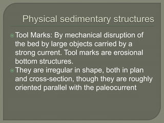 Tool Marks: By mechanical disruption of
the bed by large objects carried by a
strong current. Tool marks are erosional
bottom structures.
They are irregular in shape, both in plan
and cross-section, though they are roughly
oriented parallel with the paleocurrent
 