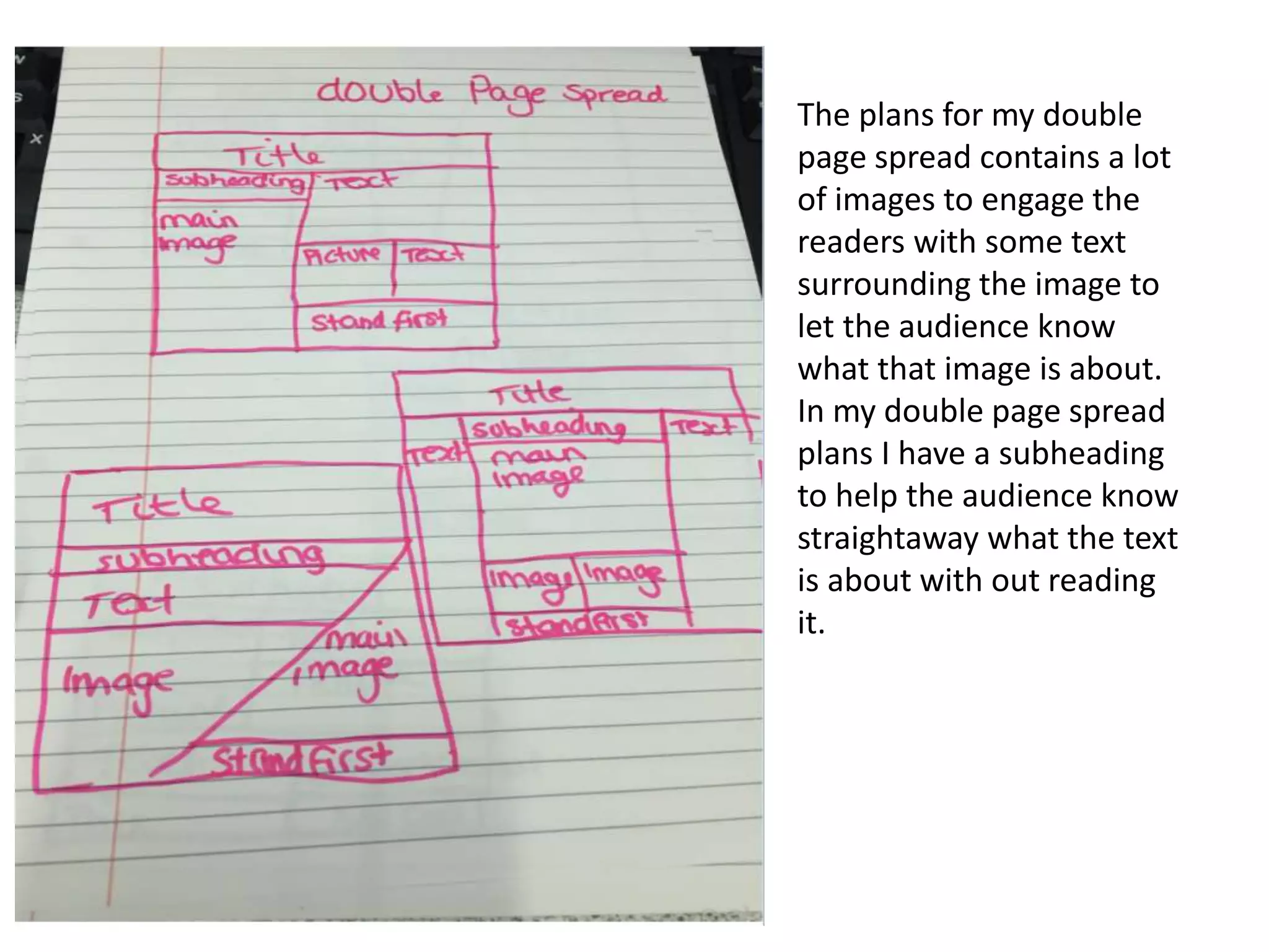 The plans for my double
page spread contains a lot
of images to engage the
readers with some text
surrounding the image to
let the audience know
what that image is about.
In my double page spread
plans I have a subheading
to help the audience know
straightaway what the text
is about with out reading
it.
 