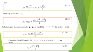 and
From Eqs. (2.22) and (2.23),
Substituting the above expression for (pU –pD) in Eq. (2.21) 𝐹 = (pU –pD) AT (2.21)
Comparing Eqs. (2.25) and (2.20)
we get
F = ρa AT VT (V-V’) (2.20)
 