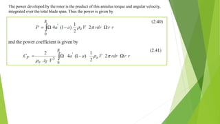 The power developed by the rotor is the product of this annulus torque and angular velocity,
integrated over the total blade span. Thus the power is given by
 