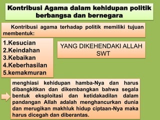 Kontribusi Agama dalam kehidupan politik
berbangsa dan bernegara
Kontribusi agama terhadap politik memiliki tujuan
membentuk:
1.Kesucian
2.Keindahan
3.Kebaikan
4.Keberhasilan
5.kemakmuran
YANG DIKEHENDAKI ALLAH
SWT
menghiasi kehidupan hamba-Nya dan harus
dibangkitkan dan dikembangkan bahwa segala
bentuk eksploitasi dan ketidakadilan dalam
pandangan Allah adalah menghancurkan dunia
dan merugikan makhluk hidup ciptaan-Nya maka
harus dicegah dan diberantas.
 