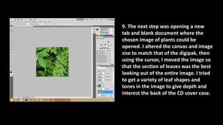 9. The next step was opening a new
tab and blank document where the
chosen image of plants could be
opened. I altered the canvas and image
size to match that of the digipak, then
using the cursor, I moved the image so
that the section of leaves was the best
looking out of the entire image. I tried
to get a variety of leaf shapes and
tones in the image to give depth and
interest the back of the CD cover case.
 
