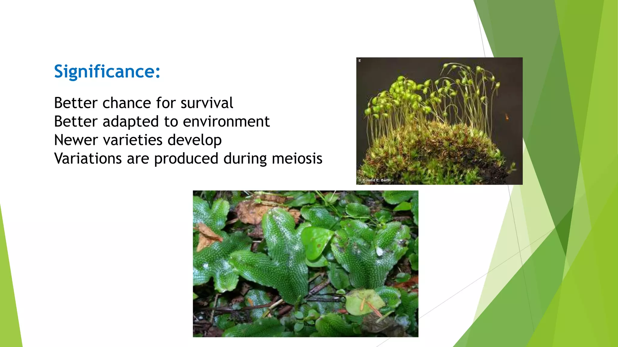 Better chance for survival
Better adapted to environment
Newer varieties develop
Variations are produced during meiosis
Significance:
 