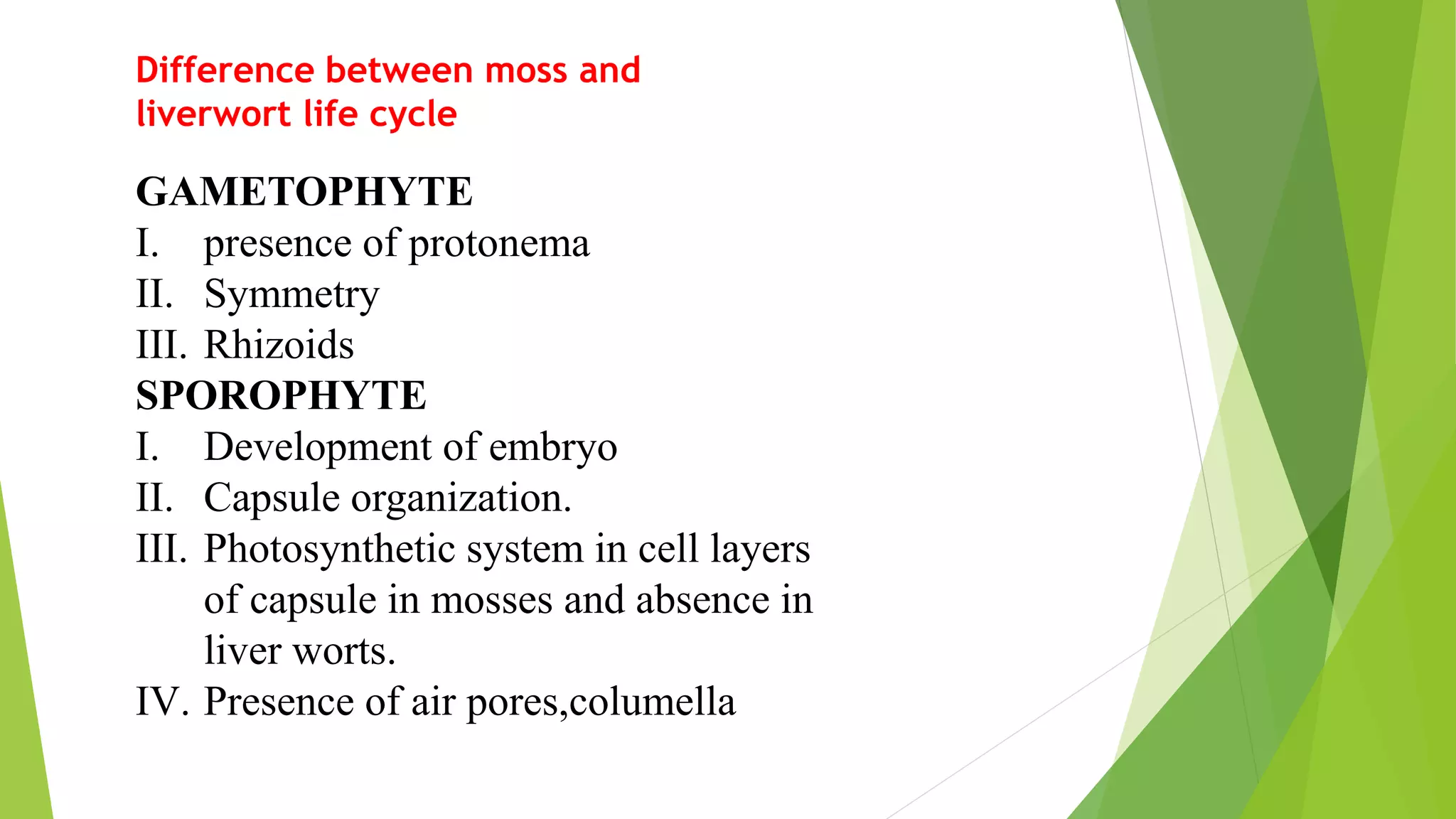 Difference between moss and
liverwort life cycle
GAMETOPHYTE
I. presence of protonema
II. Symmetry
III. Rhizoids
SPOROPHYTE
I. Development of embryo
II. Capsule organization.
III. Photosynthetic system in cell layers
of capsule in mosses and absence in
liver worts.
IV. Presence of air pores,columella
 