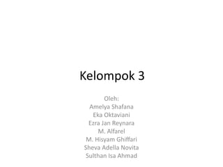 Kelompok 3
Oleh:
Amelya Shafana
Eka Oktaviani
Ezra Jan Reynara
M. Alfarel
M. Hisyam Ghiffari
Sheva Adella Novita
Sulthan Isa Ahmad
 