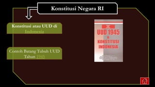 Konstitusi Negara RI
Konstitusi atau UUD di
Indonesia
Contoh Batang Tubuh UUD
Tahun 1945
 
