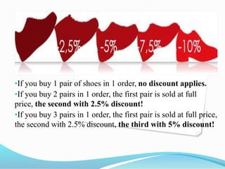 •If you buy 1 pair of shoes in 1 order, no discount applies.
•If you buy 2 pairs in 1 order, the first pair is sold at full
price, the second with 2.5% discount!
•If you buy 3 pairs in 1 order, the first pair is sold at full price,
the second with 2.5% discount, the third with 5% discount!
 