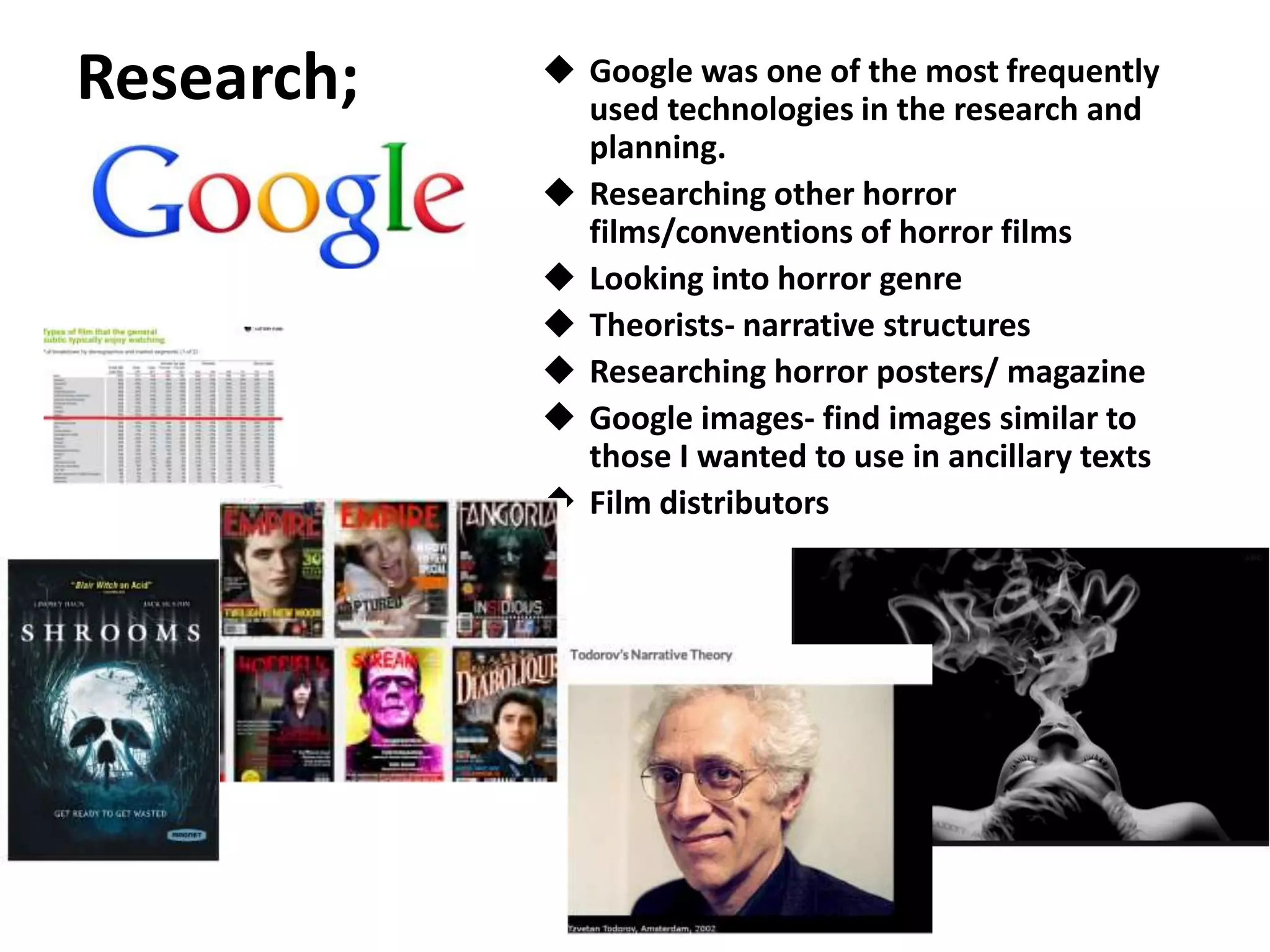  Google was one of the most frequently
used technologies in the research and
planning.
 Researching other horror
films/conventions of horror films
 Looking into horror genre
 Theorists- narrative structures
 Researching horror posters/ magazine
 Google images- find images similar to
those I wanted to use in ancillary texts
 Film distributors
Research;
 