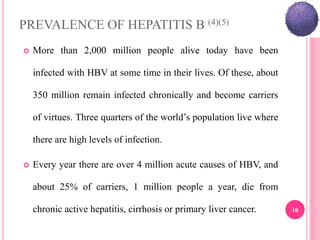 PREVALENCE OF HEPATITIS B (4)(5)
 More than 2,000 million people alive today have been
infected with HBV at some time in their lives. Of these, about
350 million remain infected chronically and become carriers
of virtues. Three quarters of the world’s population live where
there are high levels of infection.
 Every year there are over 4 million acute causes of HBV, and
about 25% of carriers, 1 million people a year, die from
chronic active hepatitis, cirrhosis or primary liver cancer. 10
 