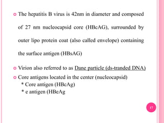  The hepatitis B virus is 42nm in diameter and composed
of 27 nm nucleocapsid core (HBcAG), surrounded by
outer lipo protein coat (also called envelope) containing
the surface antigen (HBsAG)
 Virion also referred to as Dane particle (ds-tranded DNA)
 Core antigens located in the center (nucleocapsid)
* Core antigen (HBcAg)
* e antigen (HBeAg
17
 
