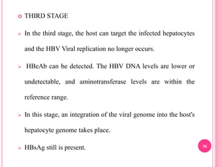  THIRD STAGE
 In the third stage, the host can target the infected hepatocytes
and the HBV Viral replication no longer occurs.
 HBeAb can be detected. The HBV DNA levels are lower or
undetectable, and aminotransferase levels are within the
reference range.
 In this stage, an integration of the viral genome into the host's
hepatocyte genome takes place.
 HBsAg still is present. 36
 