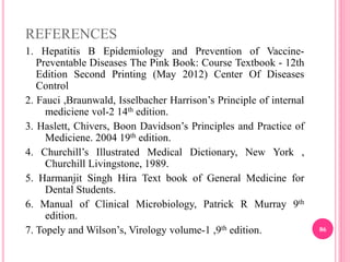REFERENCES
1. Hepatitis B Epidemiology and Prevention of Vaccine-
Preventable Diseases The Pink Book: Course Textbook - 12th
Edition Second Printing (May 2012) Center Of Diseases
Control
2. Fauci ,Braunwald, Isselbacher Harrison’s Principle of internal
mediciene vol-2 14th edition.
3. Haslett, Chivers, Boon Davidson’s Principles and Practice of
Mediciene. 2004 19th edition.
4. Churchill’s Illustrated Medical Dictionary, New York ,
Churchill Livingstone, 1989.
5. Harmanjit Singh Hira Text book of General Medicine for
Dental Students.
6. Manual of Clinical Microbiology, Patrick R Murray 9th
edition.
7. Topely and Wilson’s, Virology volume-1 ,9th edition. 86
 