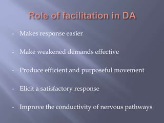 • Makes response easier
• Make weakened demands effective
• Produce efficient and purposeful movement
• Elicit a satisfactory response
• Improve the conductivity of nervous pathways
 